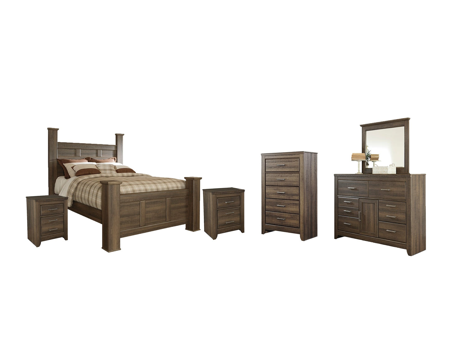 Juararo Queen Poster Bed with Mirrored Dresser, Chest and 2 Nightstands at Walker Mattress and Furniture Locations in Cedar Park and Belton TX.
