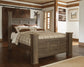 Juararo Queen Poster Bed with Mirrored Dresser, Chest and Nightstand at Walker Mattress and Furniture Locations in Cedar Park and Belton TX.