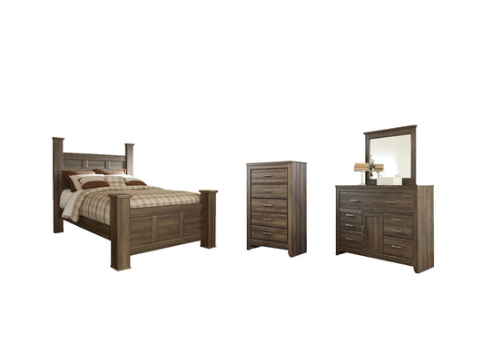 Juararo Queen Poster Bed with Mirrored Dresser and Chest at Walker Mattress and Furniture Locations in Cedar Park and Belton TX.