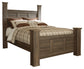 Juararo Queen Poster Bed with Mirrored Dresser at Walker Mattress and Furniture Locations in Cedar Park and Belton TX.