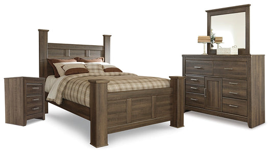Juararo Queen Poster Headboard with Mirrored Dresser and Nightstand at Walker Mattress and Furniture Locations in Cedar Park and Belton TX.