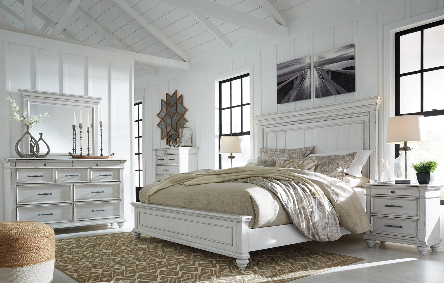 Kanwyn King Panel Bed with Mirrored Dresser and 2 Nightstands at Walker Mattress and Furniture Locations in Cedar Park and Belton TX.