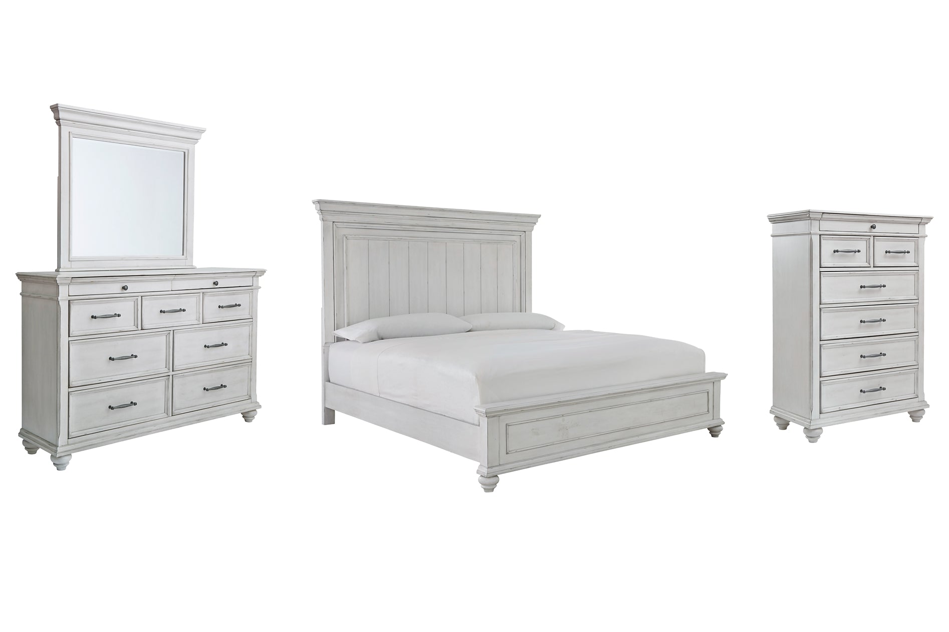 Kanwyn King Panel Bed with Mirrored Dresser and Chest at Walker Mattress and Furniture Locations in Cedar Park and Belton TX.