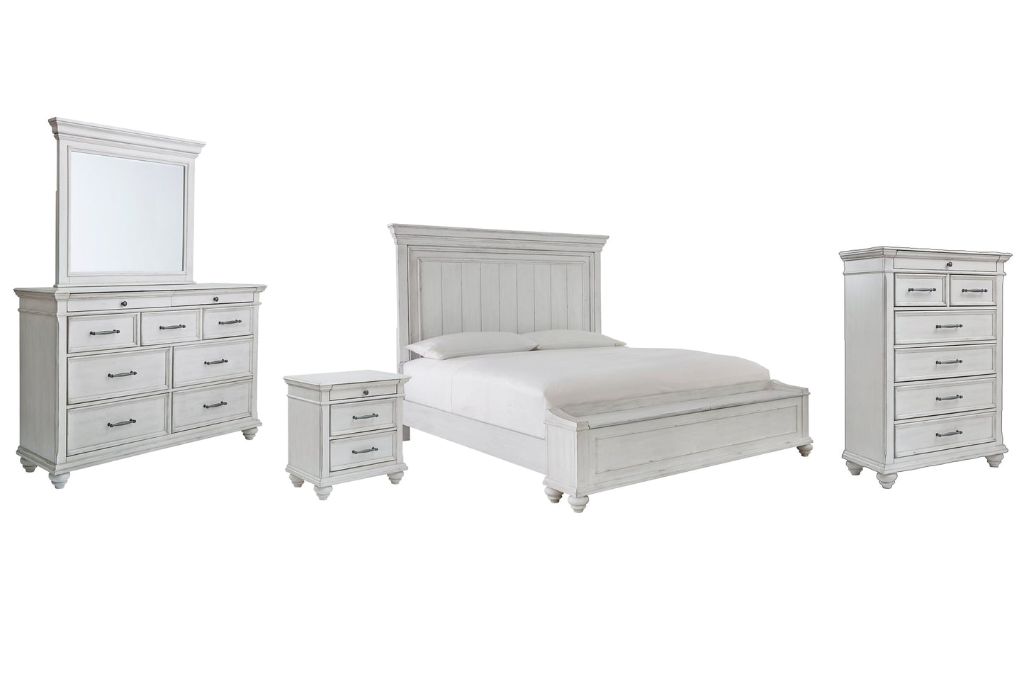 Kanwyn King Panel Bed with Storage with Mirrored Dresser, Chest and Nightstand at Walker Mattress and Furniture Locations in Cedar Park and Belton TX.