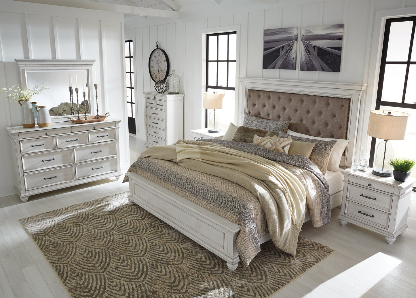 Kanwyn Queen Panel Bed with Mirrored Dresser, Chest and 2 Nightstands at Walker Mattress and Furniture Locations in Cedar Park and Belton TX.