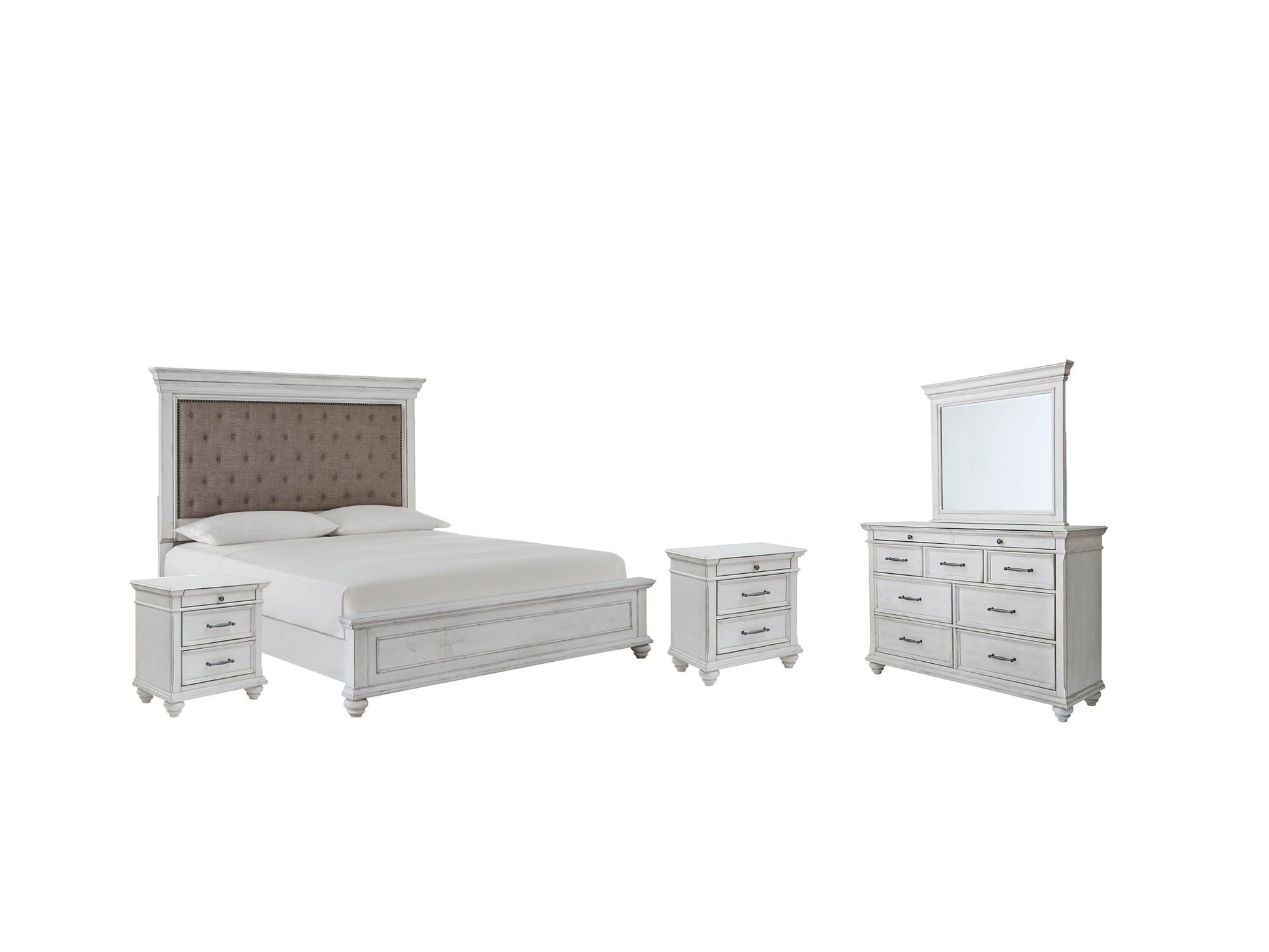 Kanwyn Queen Panel Bed with Mirrored Dresser and 2 Nightstands at Walker Mattress and Furniture Locations in Cedar Park and Belton TX.