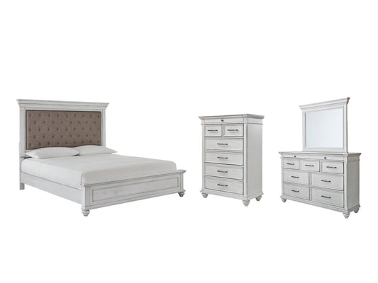 Kanwyn Queen Panel Bed with Mirrored Dresser and Chest at Walker Mattress and Furniture Locations in Cedar Park and Belton TX.