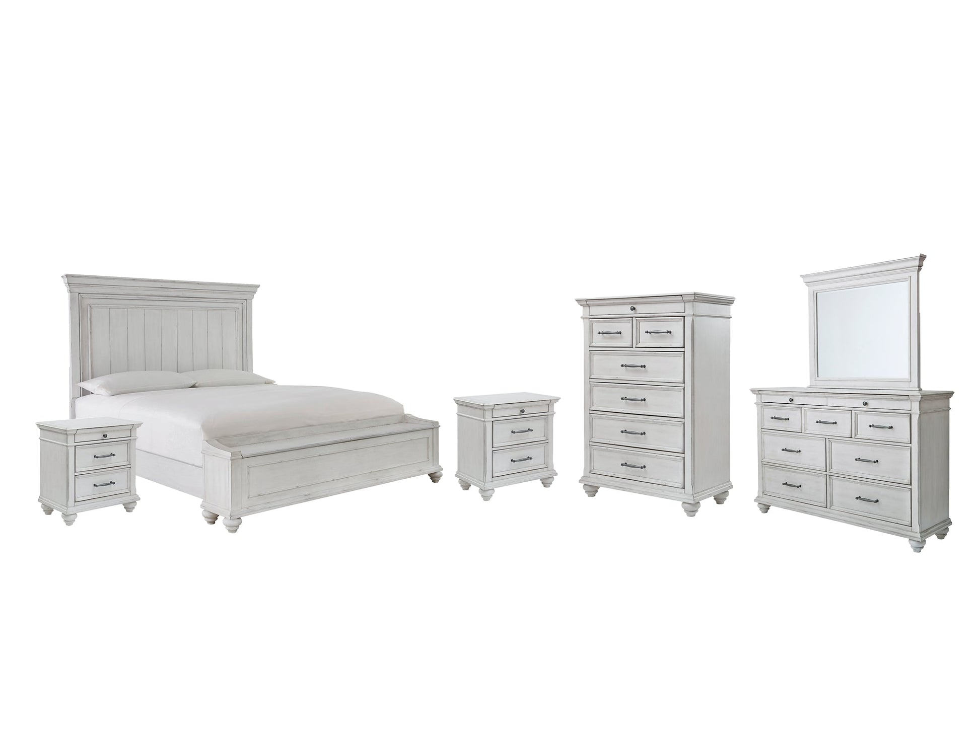 Kanwyn Queen Panel Bed with Storage with Mirrored Dresser, Chest and 2 Nightstands at Walker Mattress and Furniture Locations in Cedar Park and Belton TX.