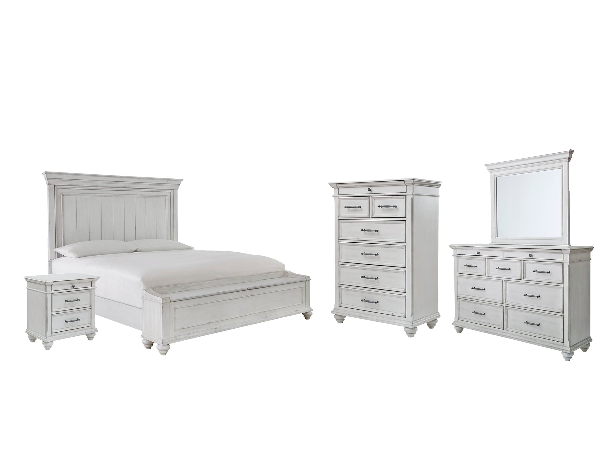 Kanwyn Queen Panel Bed with Storage with Mirrored Dresser, Chest and Nightstand at Walker Mattress and Furniture Locations in Cedar Park and Belton TX.