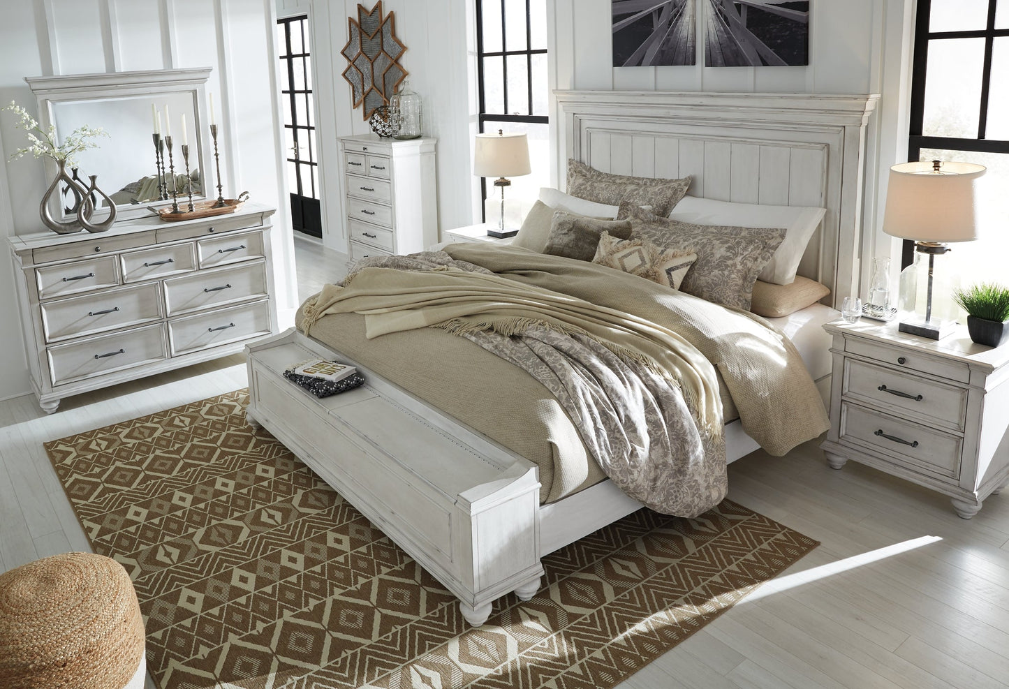Kanwyn Queen Panel Bed with Storage with Mirrored Dresser, Chest and Nightstand at Walker Mattress and Furniture Locations in Cedar Park and Belton TX.