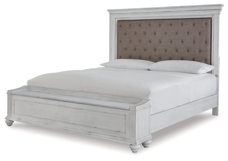 Kanwyn Queen Panel Bed with Storage with Mirrored Dresser and 2 Nightstands at Walker Mattress and Furniture Locations in Cedar Park and Belton TX.