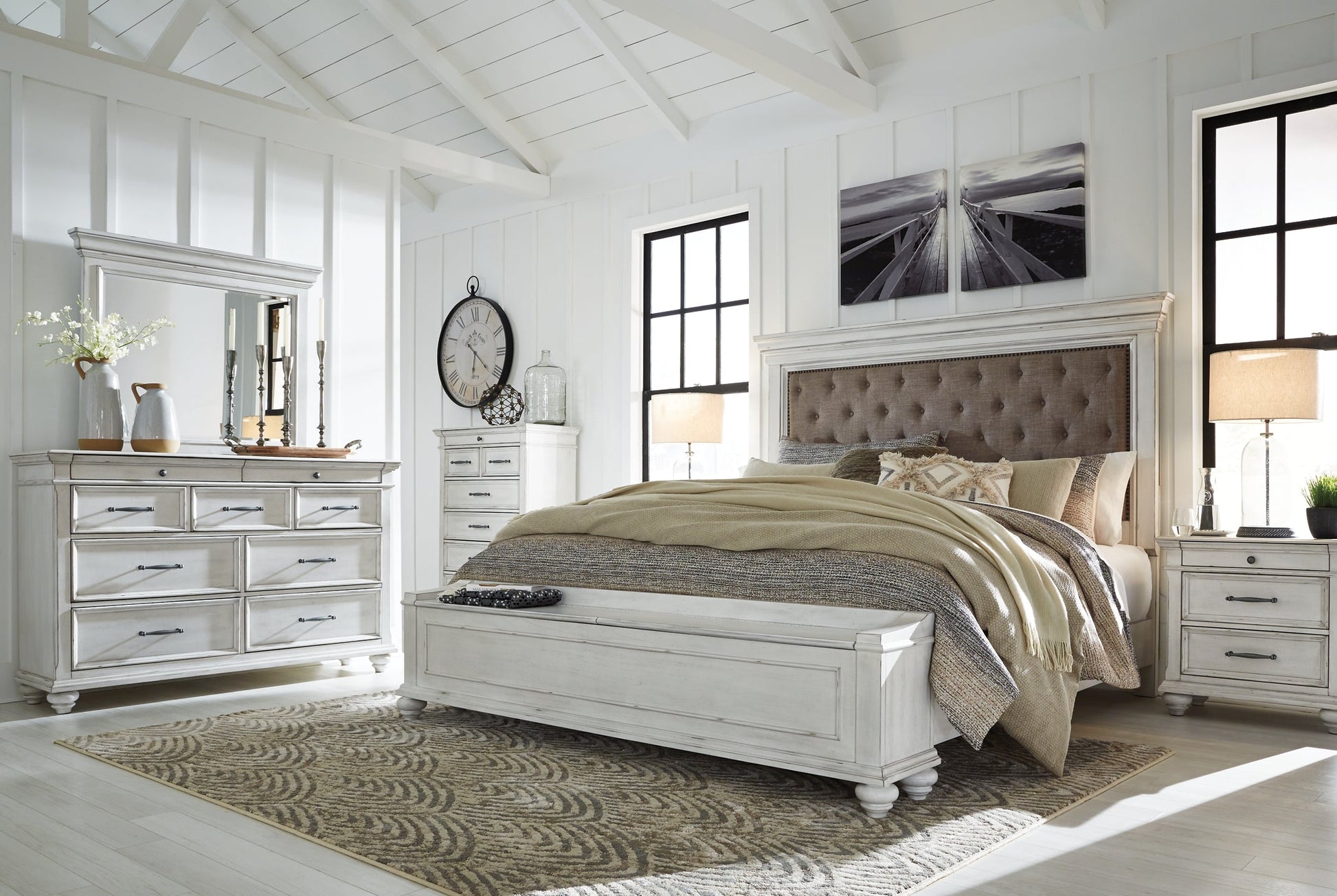 Kanwyn Queen Panel Bed with Storage with Mirrored Dresser and 2 Nightstands at Walker Mattress and Furniture Locations in Cedar Park and Belton TX.