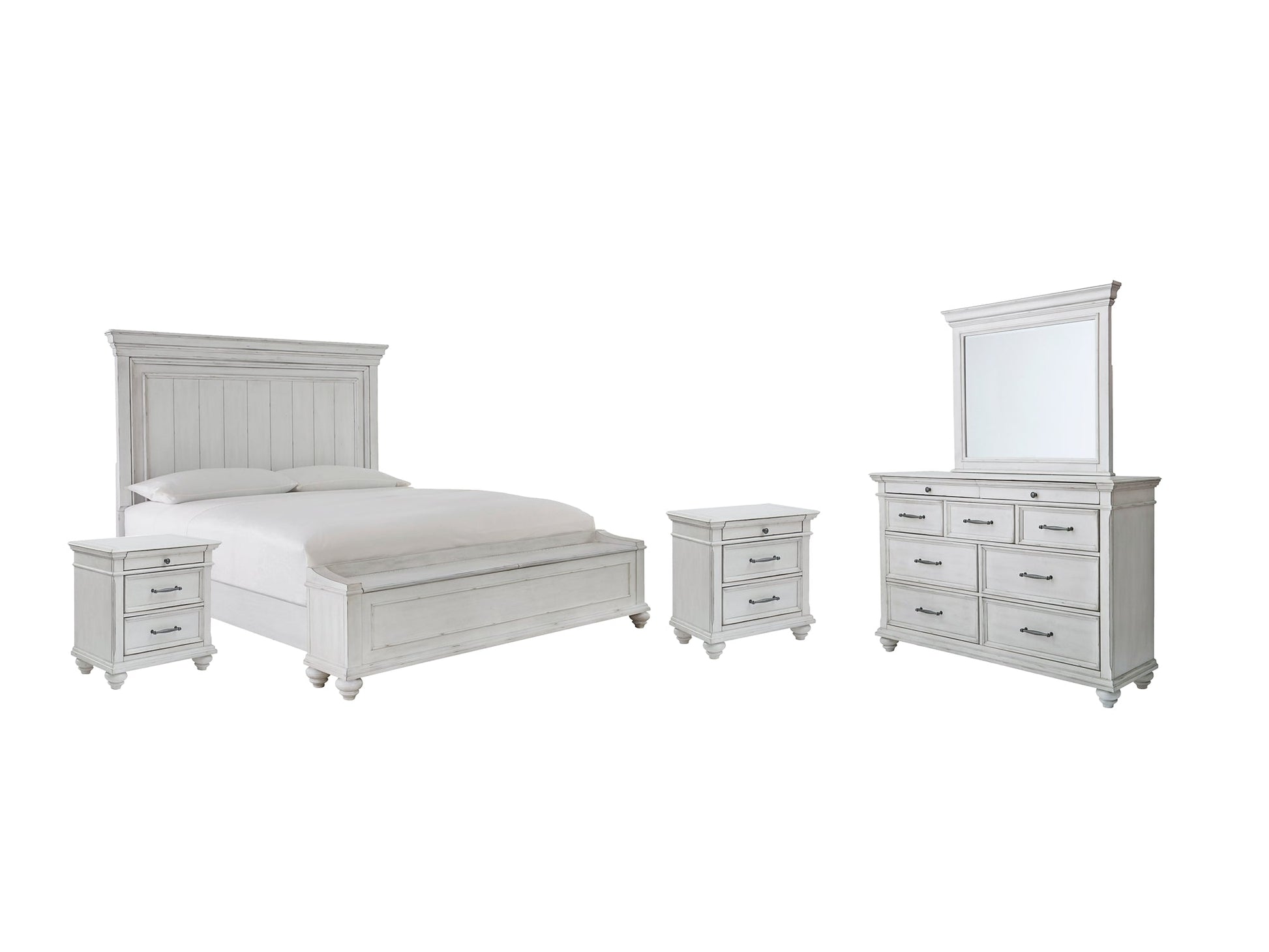 Kanwyn Queen Panel Bed with Storage with Mirrored Dresser and 2 Nightstands at Walker Mattress and Furniture Locations in Cedar Park and Belton TX.
