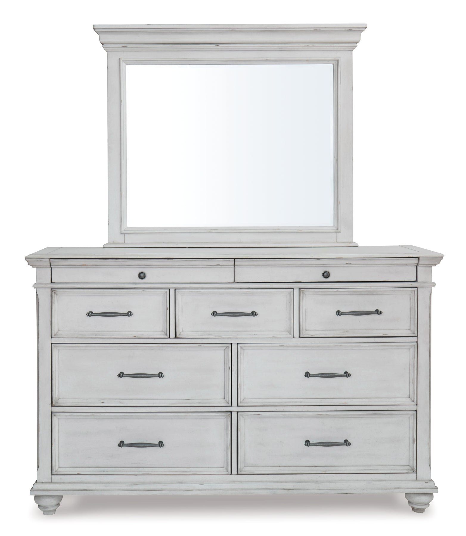 Kanwyn Queen Panel Bed with Storage with Mirrored Dresser and 2 Nightstands at Walker Mattress and Furniture Locations in Cedar Park and Belton TX.