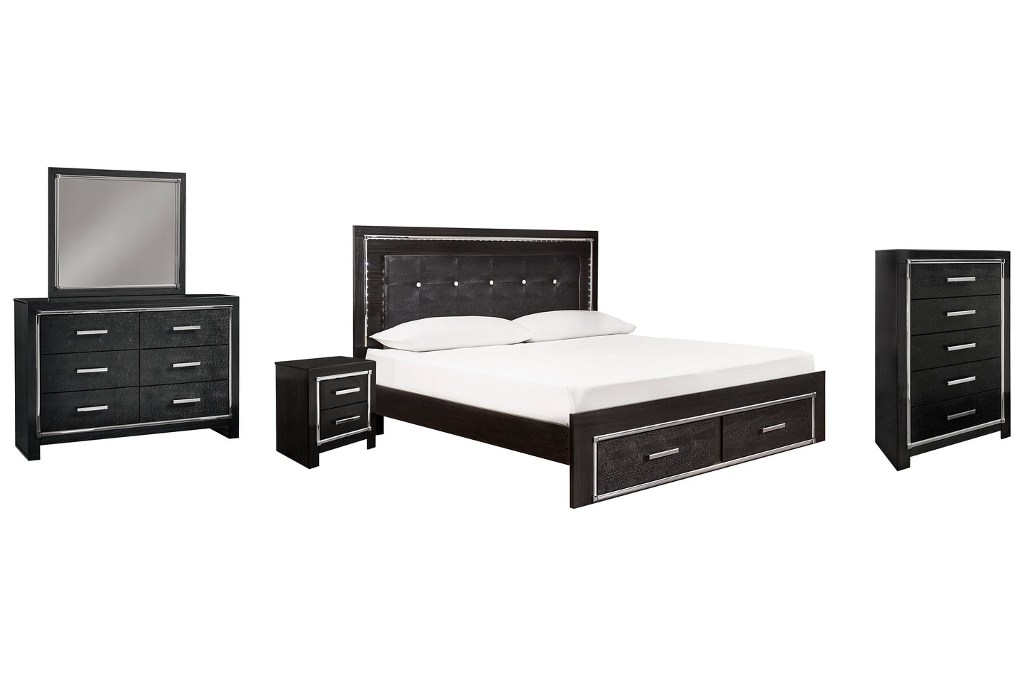Kaydell King Panel Bed with Storage with Mirrored Dresser, Chest and Nightstand at Walker Mattress and Furniture Locations in Cedar Park and Belton TX.