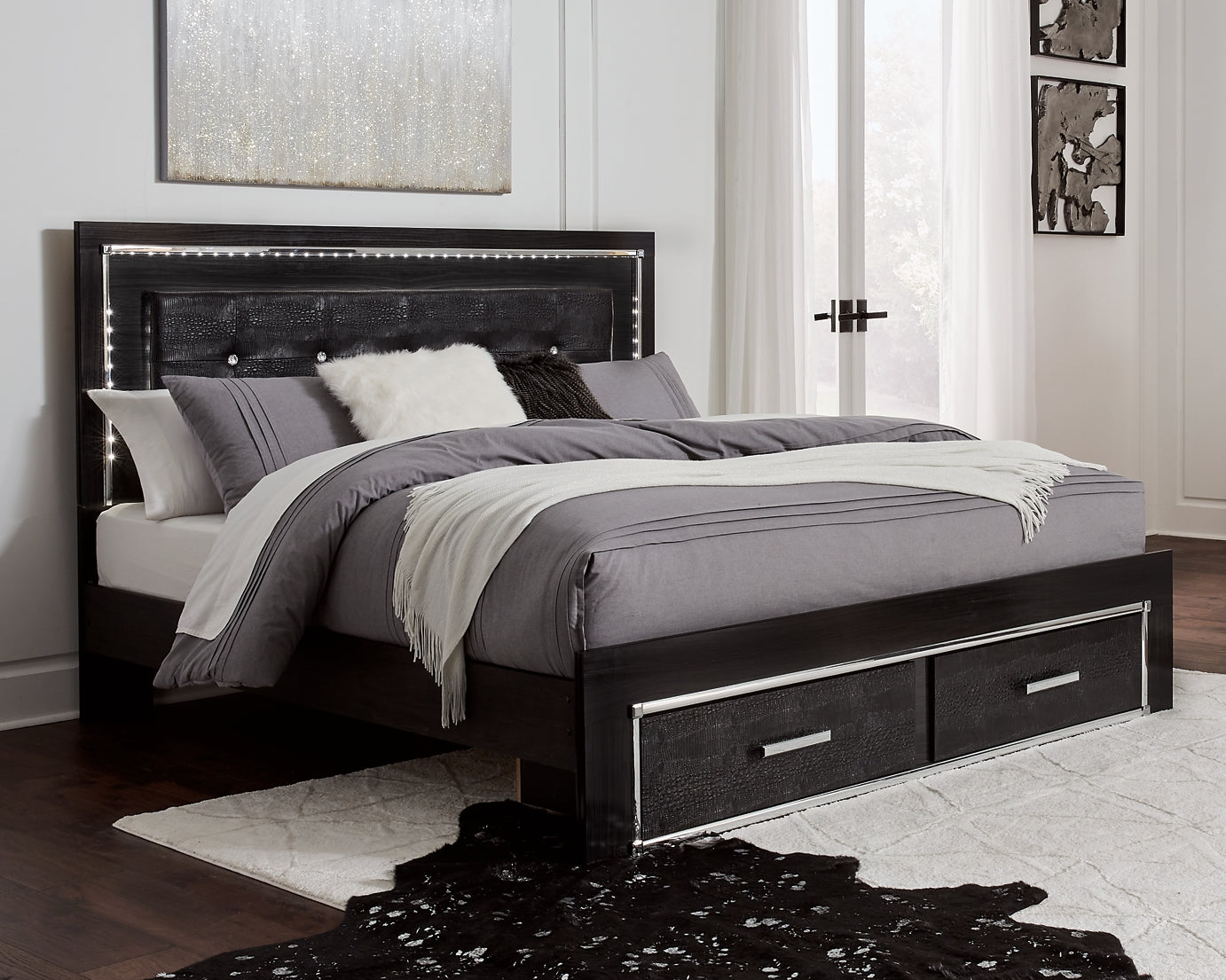 Kaydell King Panel Bed with Storage with Mirrored Dresser and 2 Nightstands at Walker Mattress and Furniture Locations in Cedar Park and Belton TX.