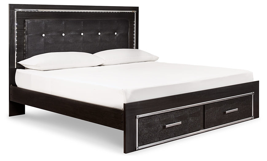 Kaydell King Panel Bed with Storage with Mirrored Dresser at Walker Mattress and Furniture Locations in Cedar Park and Belton TX.