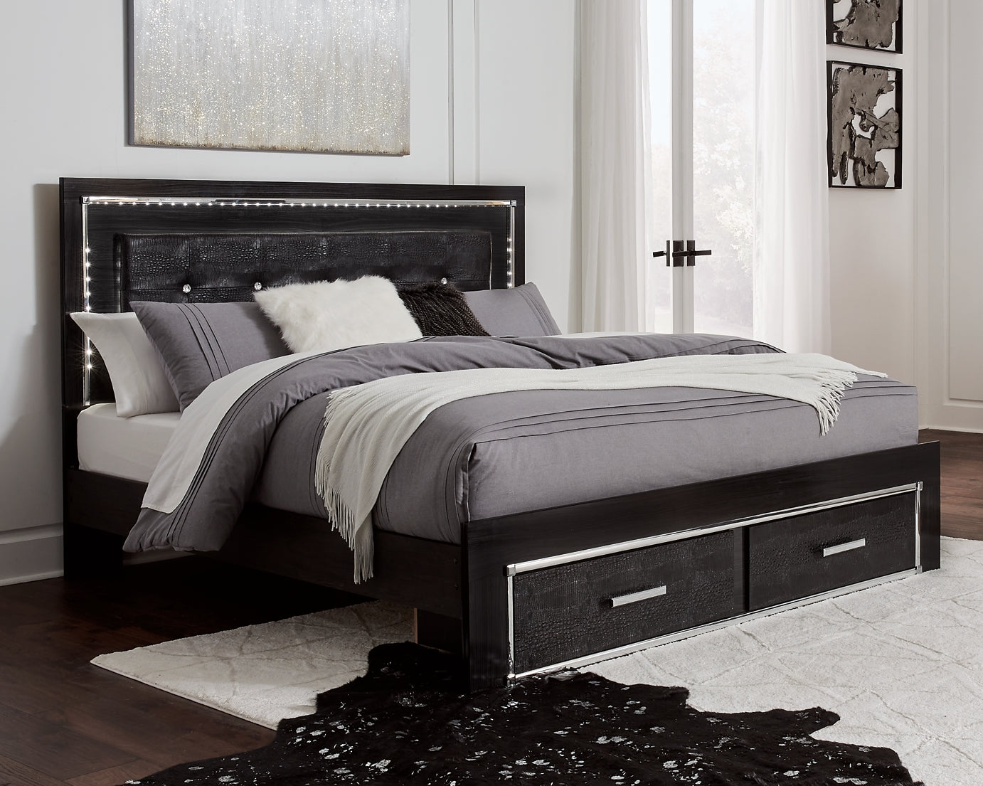Kaydell King Panel Bed with Storage with Mirrored Dresser at Walker Mattress and Furniture Locations in Cedar Park and Belton TX.