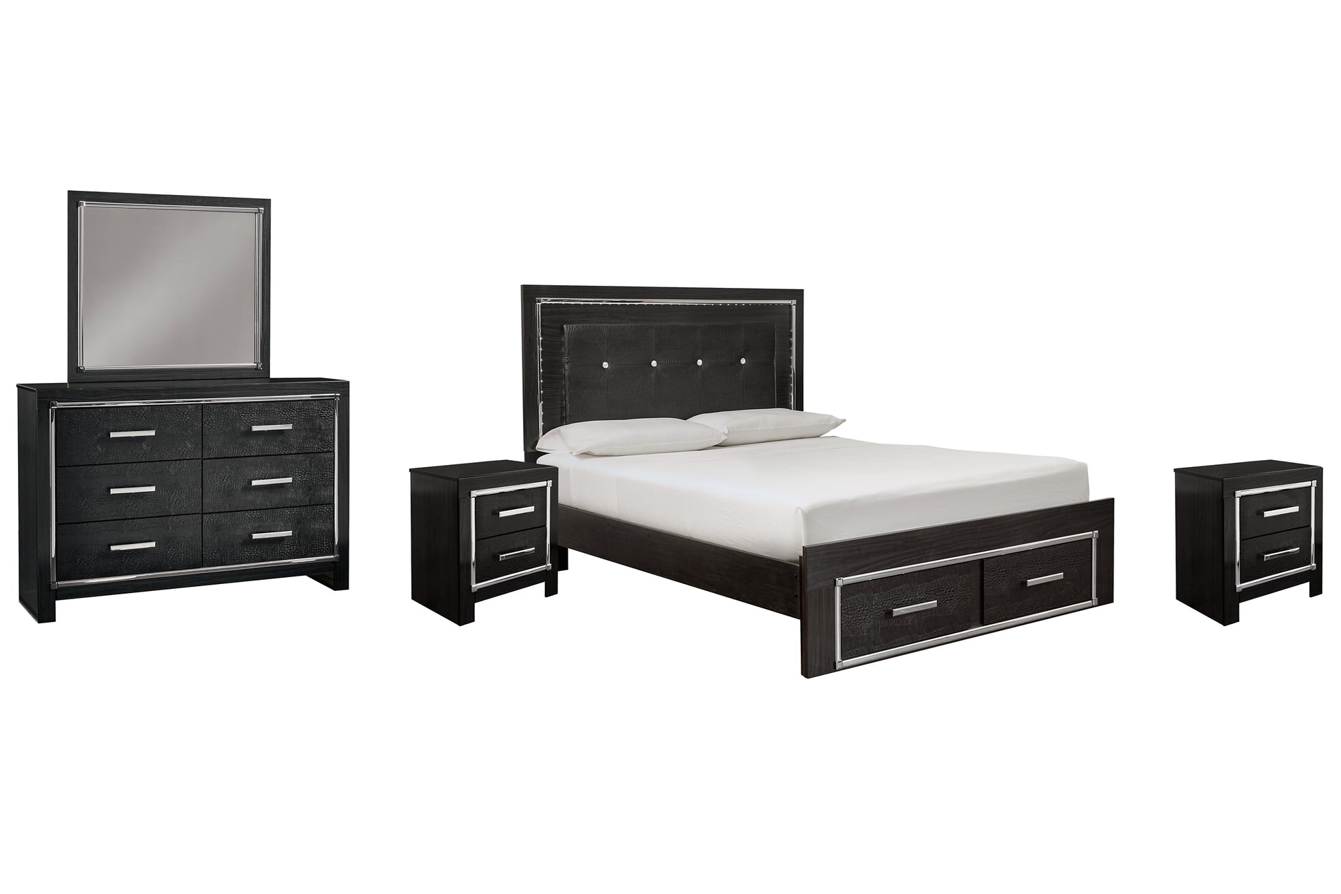 Kaydell King Upholstered Panel Bed with Mirrored Dresser and 2 Nightstands at Walker Mattress and Furniture Locations in Cedar Park and Belton TX.
