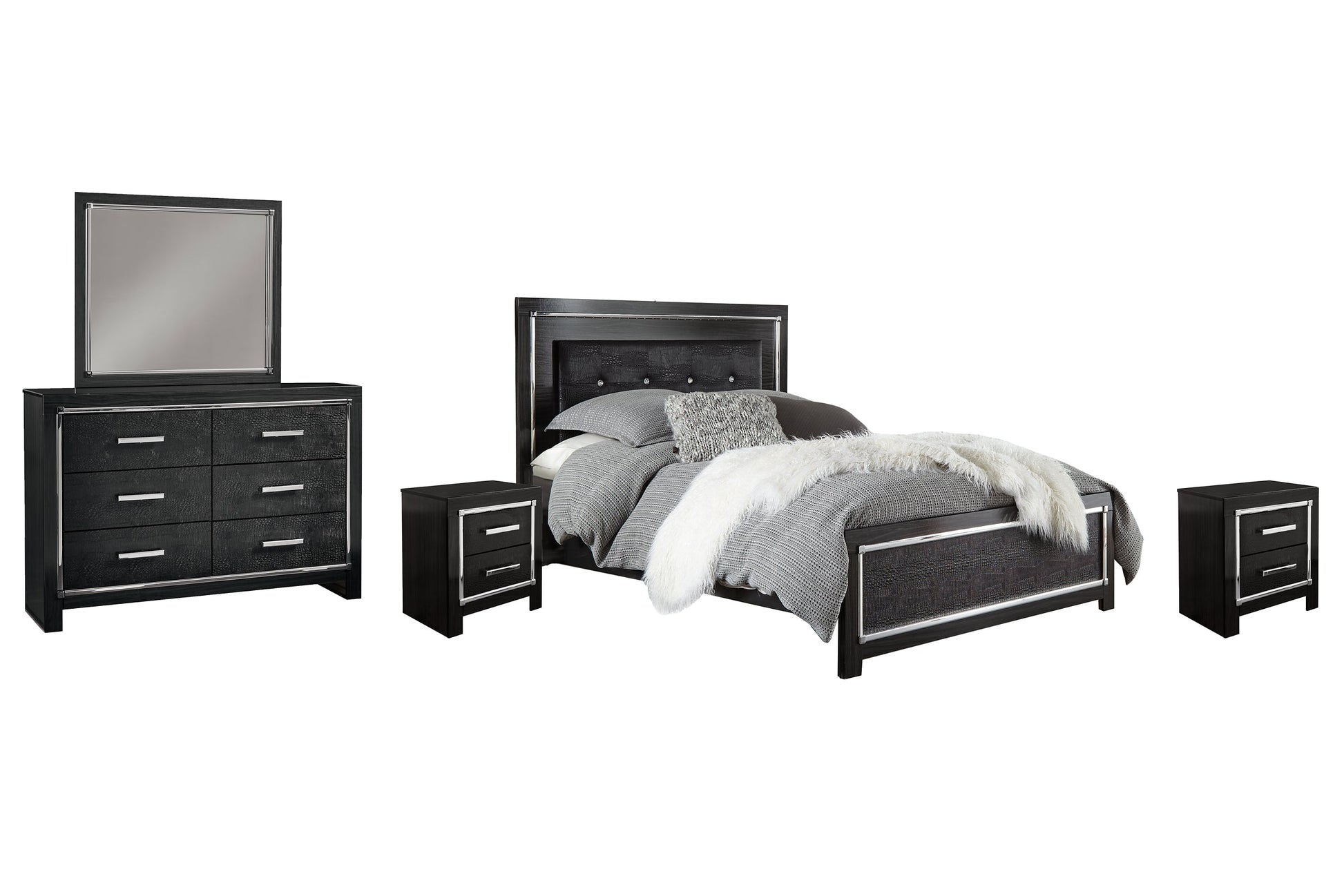 Kaydell King Upholstered Panel Bed with Mirrored Dresser and 2 Nightstands at Walker Mattress and Furniture Locations in Cedar Park and Belton TX.