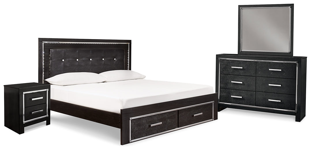 Kaydell King Upholstered Panel Bed with Mirrored Dresser and Nightstand at Walker Mattress and Furniture Locations in Cedar Park and Belton TX.