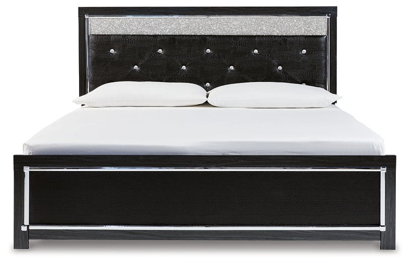 Kaydell King Upholstered Panel Bed with Mirrored Dresser at Walker Mattress and Furniture Locations in Cedar Park and Belton TX.