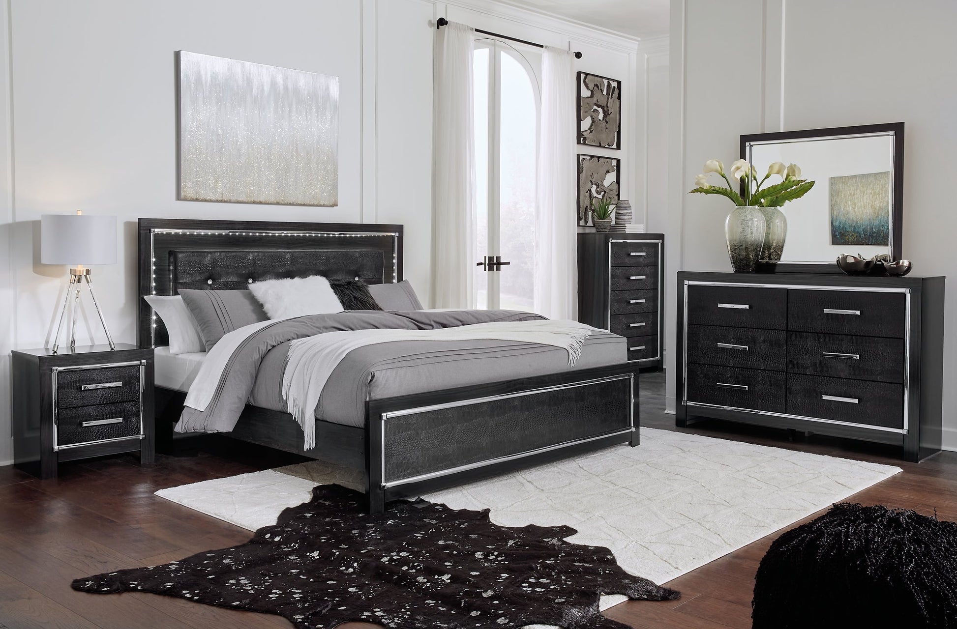 Kaydell King Upholstered Panel Bed with Mirrored Dresser at Walker Mattress and Furniture Locations in Cedar Park and Belton TX.