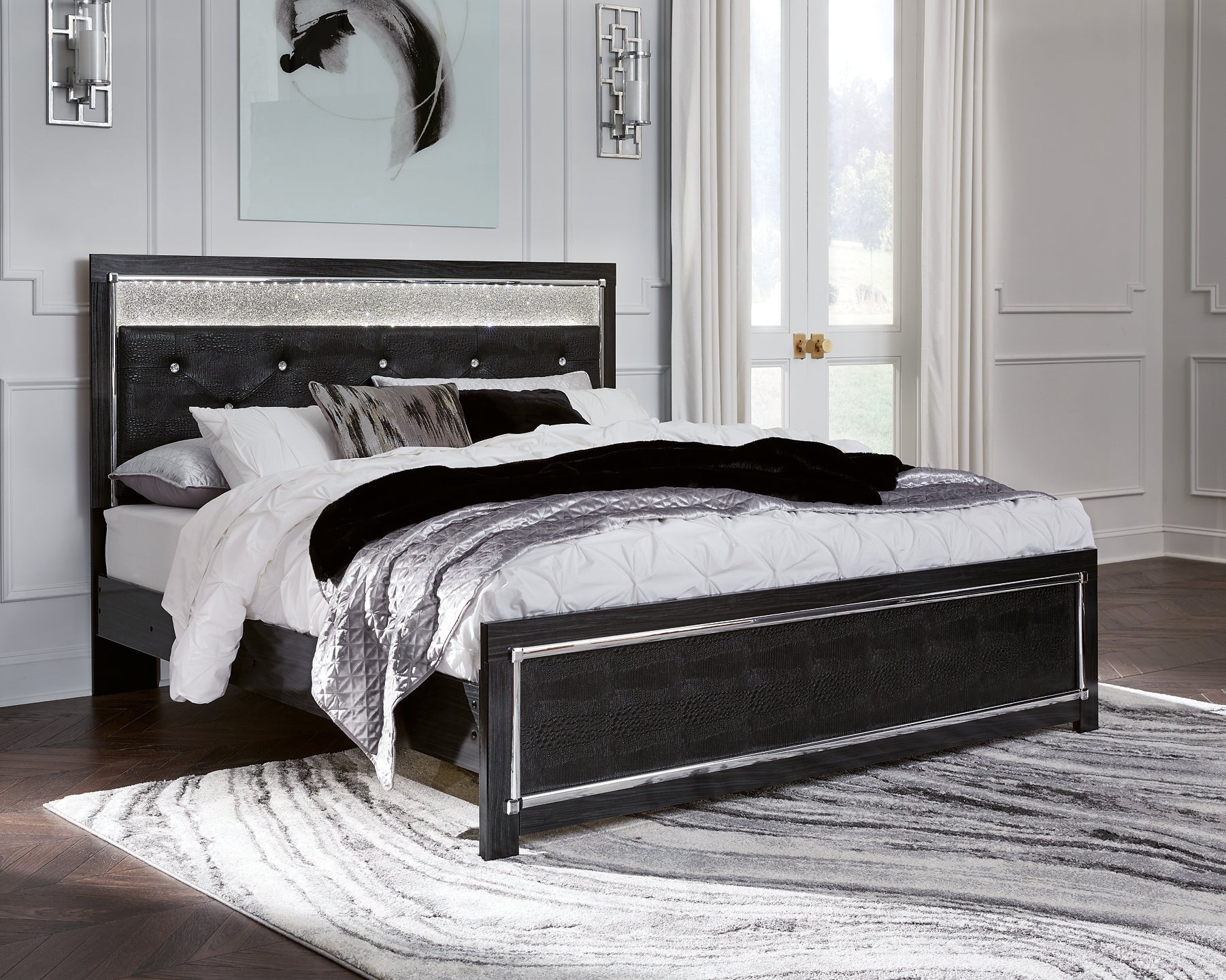 Kaydell King Upholstered Panel Platform Bed with Mirrored Dresser, Chest and Nightstand at Walker Mattress and Furniture Locations in Cedar Park and Belton TX.