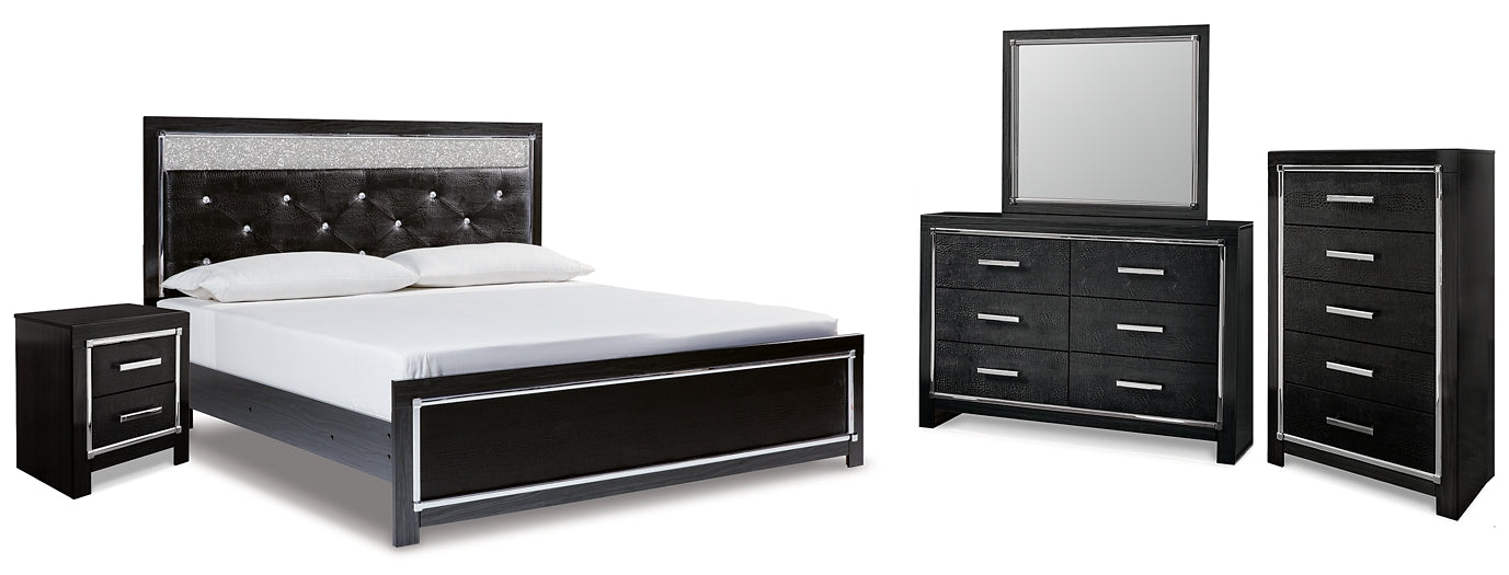 Kaydell King Upholstered Panel Platform Bed with Mirrored Dresser, Chest and Nightstand at Walker Mattress and Furniture Locations in Cedar Park and Belton TX.