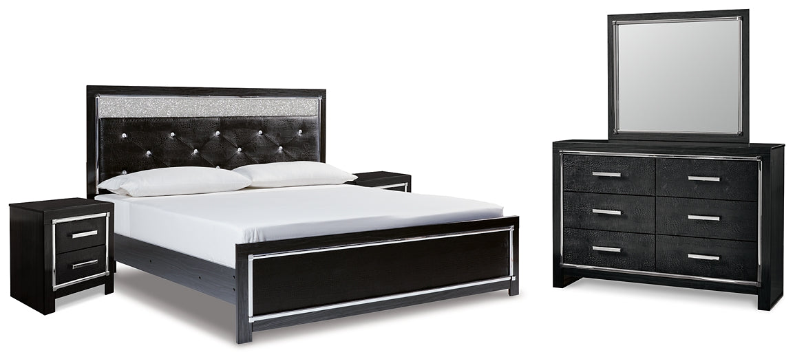 Kaydell King Upholstered Panel Platform Bed with Mirrored Dresser and 2 Nightstands at Walker Mattress and Furniture Locations in Cedar Park and Belton TX.