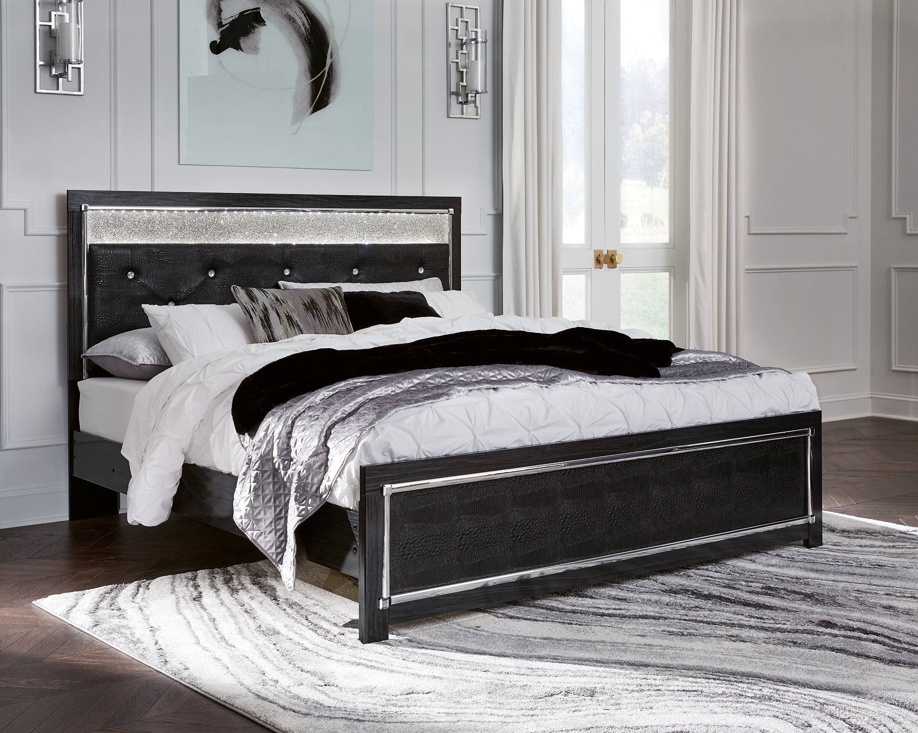 Kaydell King Upholstered Panel Platform Bed with Mirrored Dresser at Walker Mattress and Furniture Locations in Cedar Park and Belton TX.