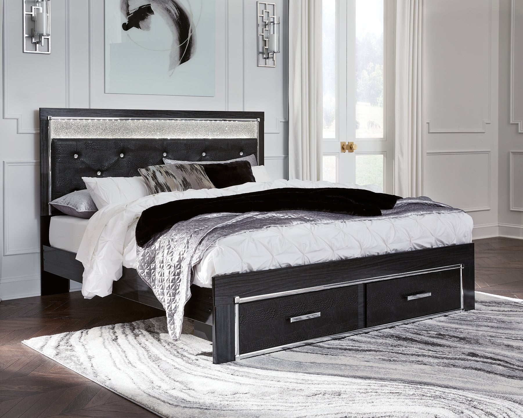 Kaydell King Upholstered Panel Storage Bed with Mirrored Dresser and 2 Nightstands at Walker Mattress and Furniture Locations in Cedar Park and Belton TX.