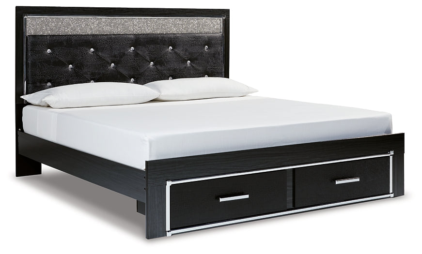 Kaydell King Upholstered Panel Storage Bed with Mirrored Dresser and 2 Nightstands at Walker Mattress and Furniture Locations in Cedar Park and Belton TX.