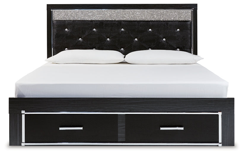 Kaydell King Upholstered Panel Storage Bed with Mirrored Dresser and 2 Nightstands at Walker Mattress and Furniture Locations in Cedar Park and Belton TX.