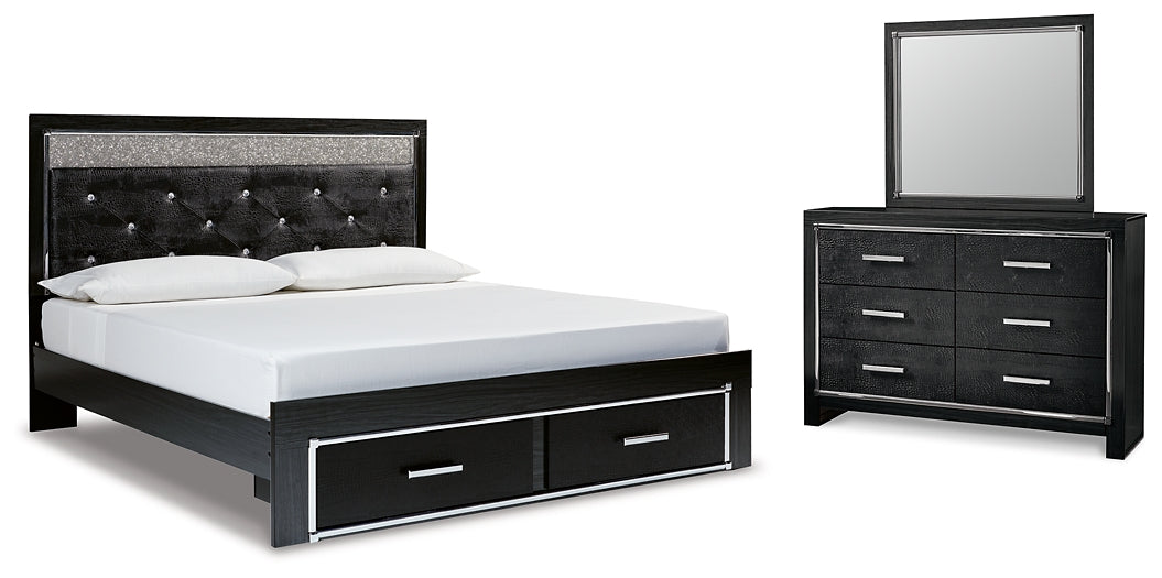 Kaydell King Upholstered Panel Storage Bed with Mirrored Dresser at Walker Mattress and Furniture Locations in Cedar Park and Belton TX.