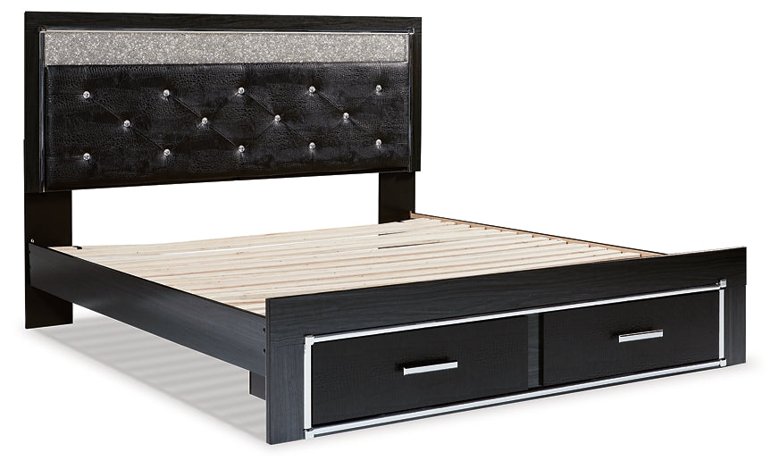 Kaydell King Upholstered Panel Storage Platform Bed with Mirrored Dresser, Chest and Nightstand at Walker Mattress and Furniture Locations in Cedar Park and Belton TX.
