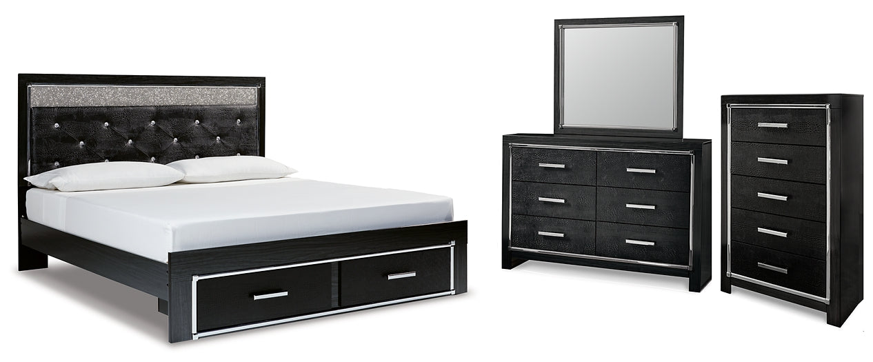 Kaydell King Upholstered Panel Storage Platform Bed with Mirrored Dresser and Chest at Walker Mattress and Furniture Locations in Cedar Park and Belton TX.