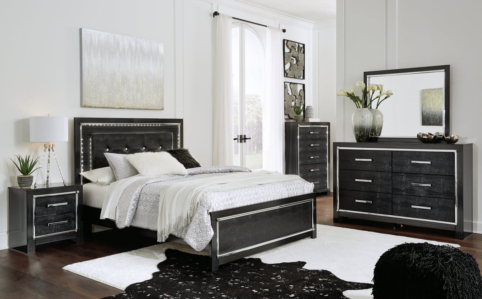 Kaydell Queen/Full Upholstered Panel Headboard with Mirrored Dresser and 2 Nightstands at Walker Mattress and Furniture Locations in Cedar Park and Belton TX.