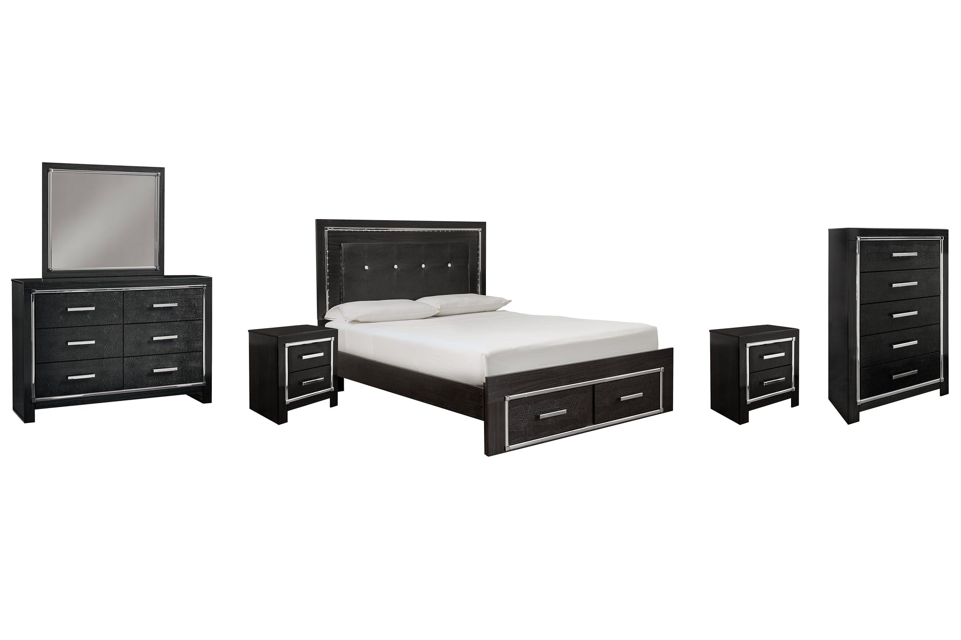 Kaydell Queen Panel Bed with Storage with Mirrored Dresser, Chest and 2 Nightstands at Walker Mattress and Furniture Locations in Cedar Park and Belton TX.