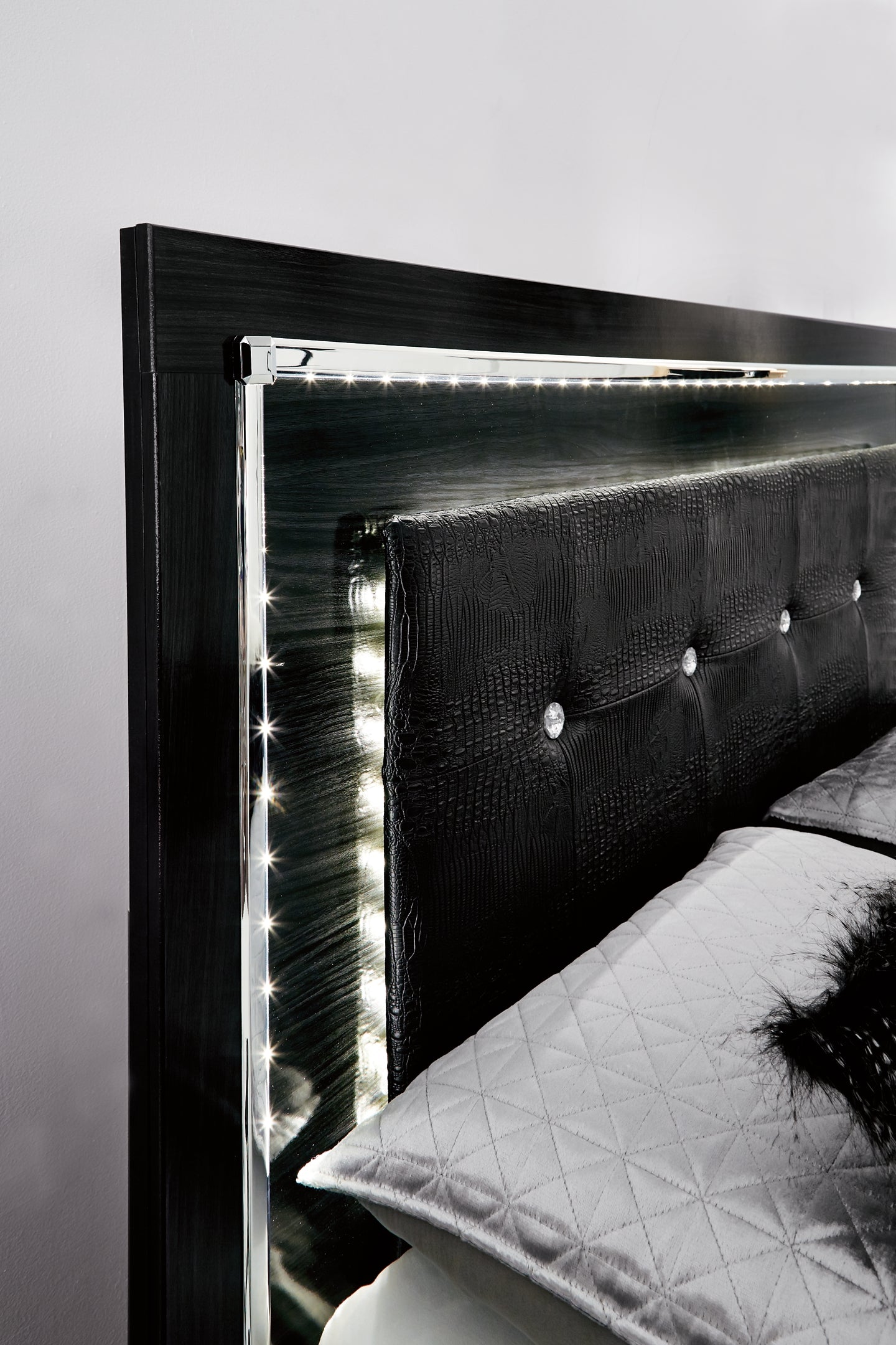 Kaydell Queen Panel Bed with Storage with Mirrored Dresser, Chest and 2 Nightstands at Walker Mattress and Furniture Locations in Cedar Park and Belton TX.