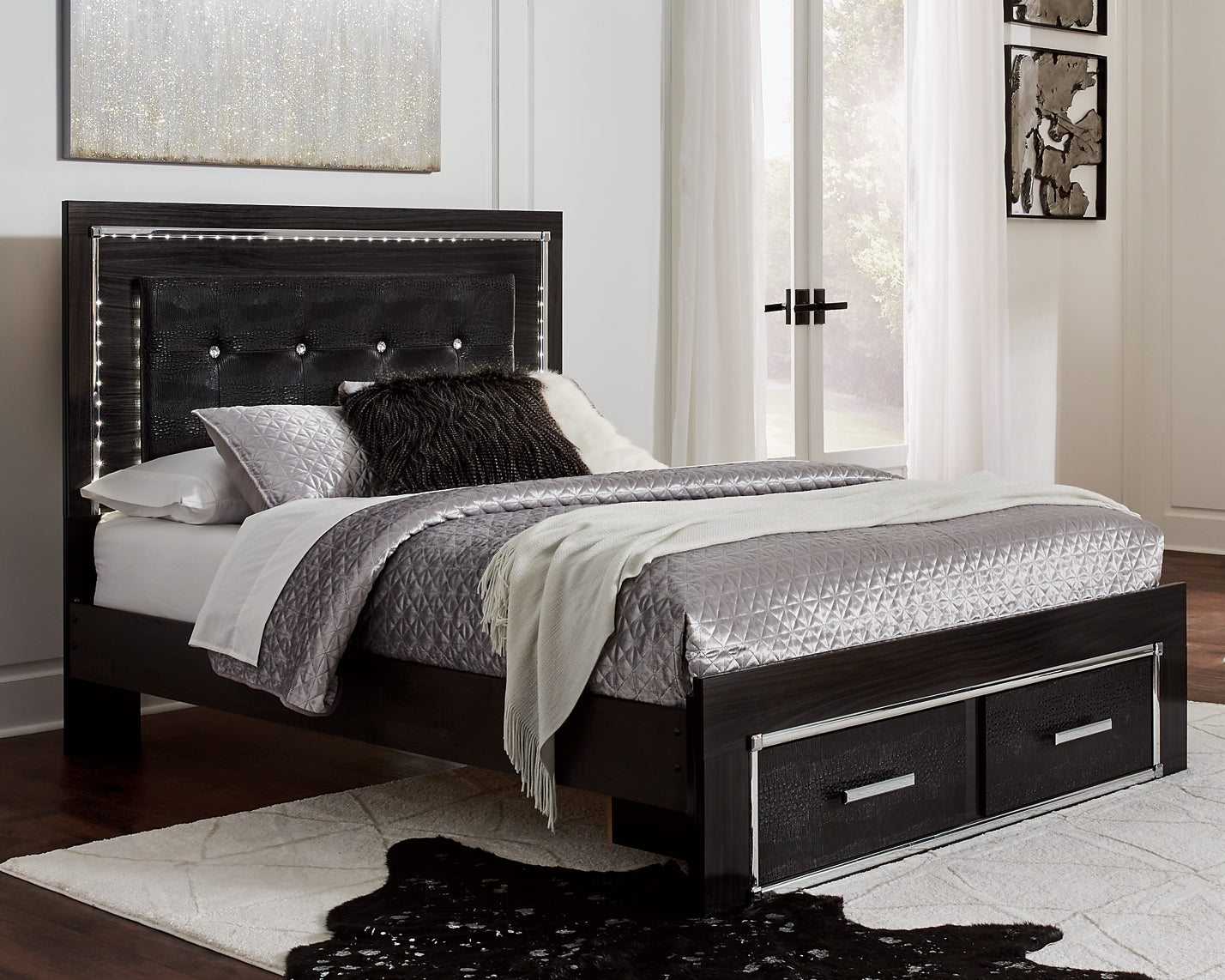 Kaydell Queen Panel Bed with Storage with Mirrored Dresser and 2 Nightstands at Walker Mattress and Furniture Locations in Cedar Park and Belton TX.