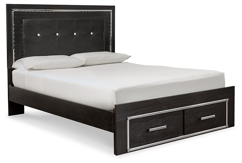 Kaydell Queen Panel Bed with Storage with Mirrored Dresser and Chest at Walker Mattress and Furniture Locations in Cedar Park and Belton TX.