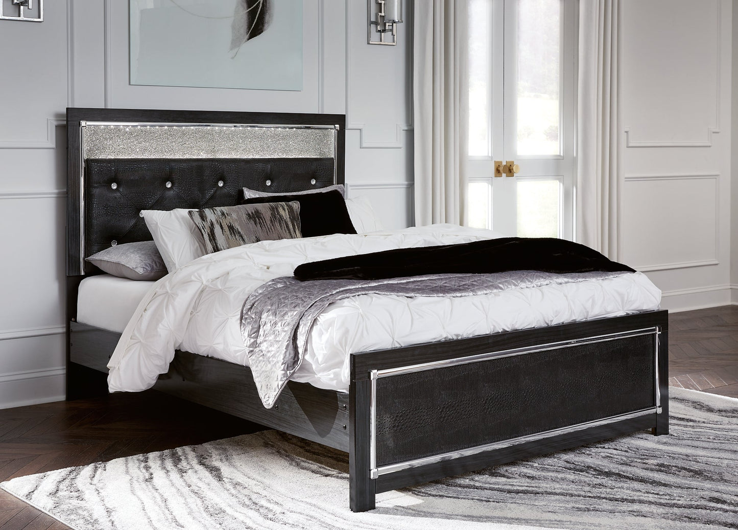 Kaydell Queen Upholstered Panel Bed with Mirrored Dresser, Chest and Nightstand at Walker Mattress and Furniture Locations in Cedar Park and Belton TX.