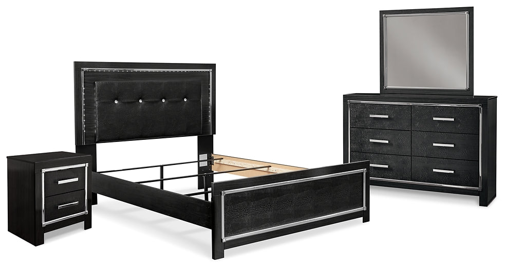 Kaydell Queen Upholstered Panel Bed with Mirrored Dresser and Nightstand at Walker Mattress and Furniture Locations in Cedar Park and Belton TX.