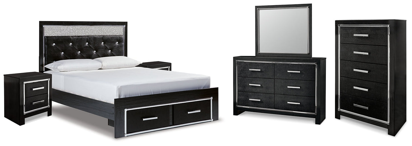Kaydell Queen Upholstered Panel Storage Bed with Mirrored Dresser, Chest and 2 Nightstands at Walker Mattress and Furniture Locations in Cedar Park and Belton TX.