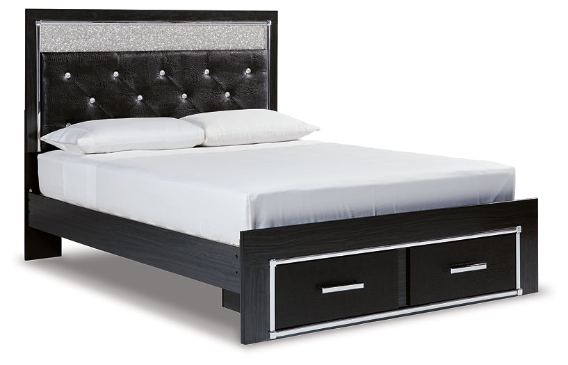 Kaydell Queen Upholstered Panel Storage Platform Bed with Mirrored Dresser and 2 Nightstands at Walker Mattress and Furniture Locations in Cedar Park and Belton TX.