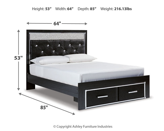 Kaydell Queen Upholstered Panel Storage Platform Bed with Mirrored Dresser and Chest at Walker Mattress and Furniture Locations in Cedar Park and Belton TX.