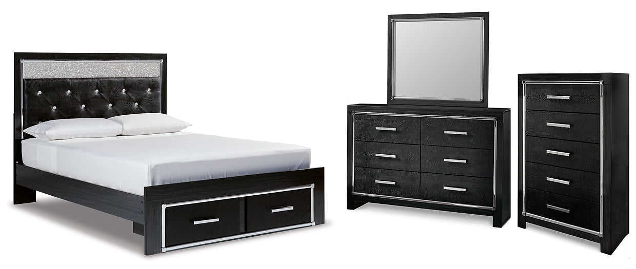 Kaydell Queen Upholstered Panel Storage Platform Bed with Mirrored Dresser and Chest at Walker Mattress and Furniture Locations in Cedar Park and Belton TX.