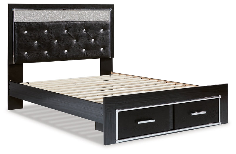 Kaydell Queen Upholstered Panel Storage Platform Bed with Mirrored Dresser and Chest at Walker Mattress and Furniture Locations in Cedar Park and Belton TX.