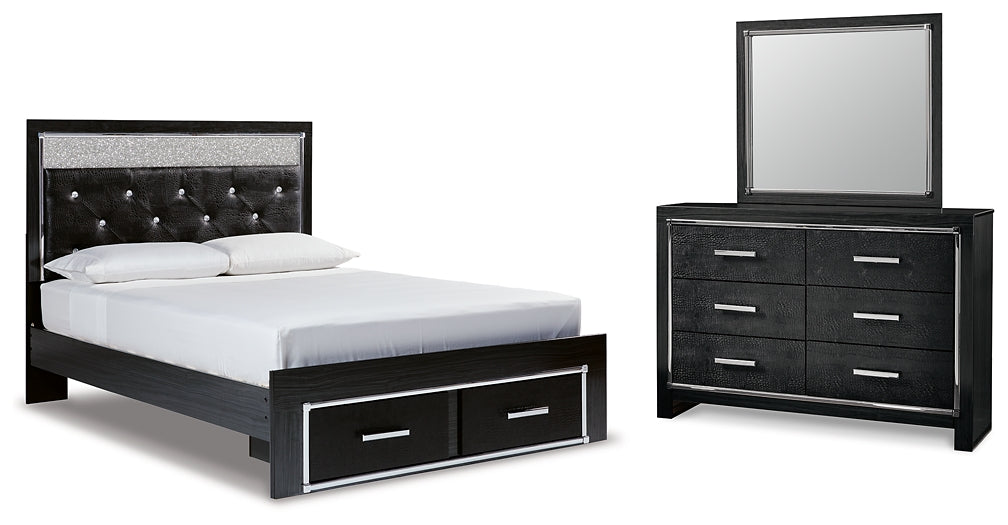 Kaydell Queen Upholstered Panel Storage Platform Bed with Mirrored Dresser at Walker Mattress and Furniture Locations in Cedar Park and Belton TX.